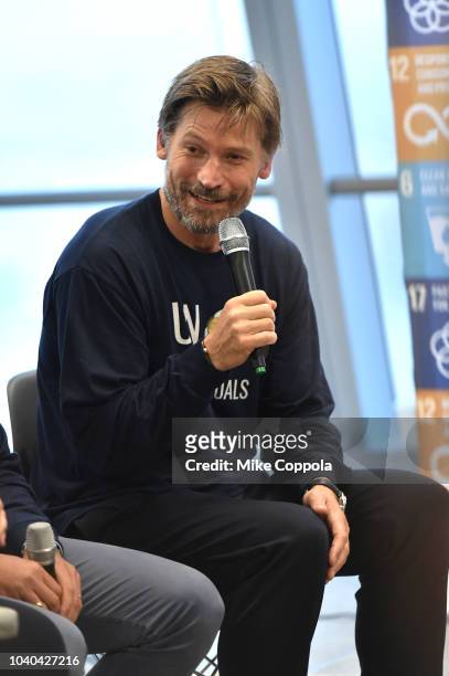 Actor Nikolaj Coster-Waldau speaks on stage as he attends the 3rd Annual Global Goals World Cup at the SAP Leonardo Centre on September 25, 2018 in...
