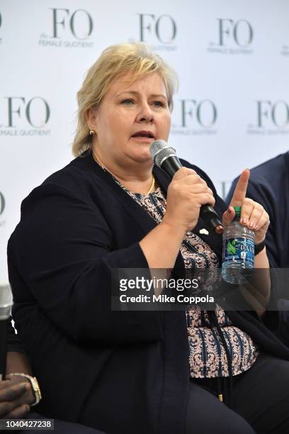 Prime Minister of Norway Erna Solberg speaks on stage as she attends the 3rd Annual Global Goals World Cup at the SAP Leonardo Centre on September...