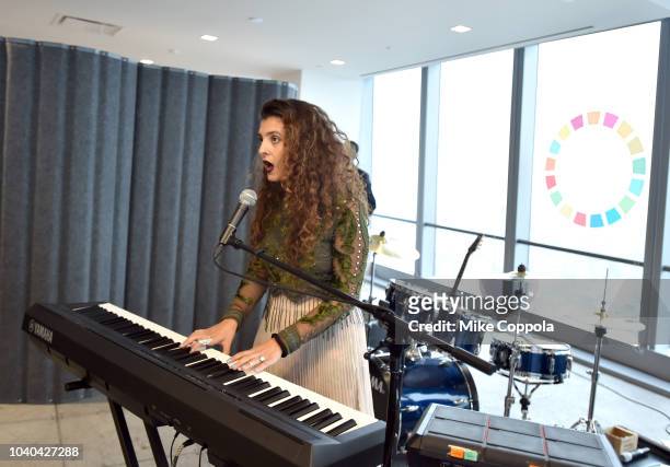 Recording artist Athina performs at the 3rd Annual Global Goals World Cup at the SAP Leonardo Centre on September 25, 2018 in New York City.
