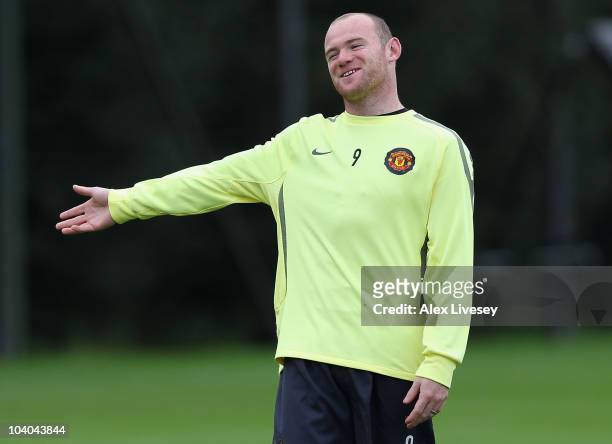 Wayne Rooney of Manchester United in action during a training session ahead of their UEFA Champions League group match against Rangers at the club's...