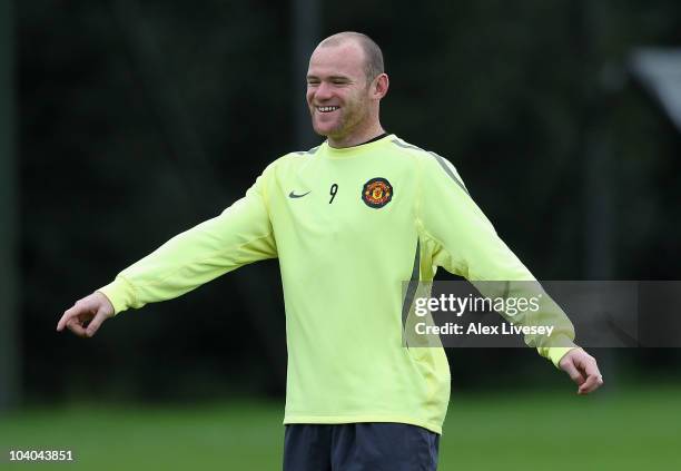 Wayne Rooney of Manchester United in action during a training session ahead of their UEFA Champions League group match against Rangers at the club's...