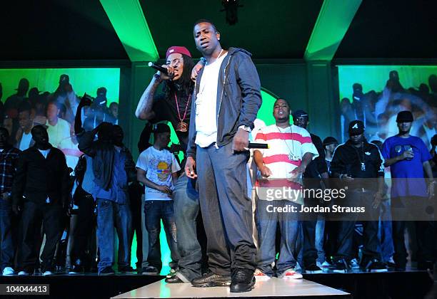Waka Flocka and Gucci perform at the VMA Afterparty Debuting Audio-ology Hosted By Ne-Yo at Boulevard3 on September 12, 2010 in Hollywood, California.