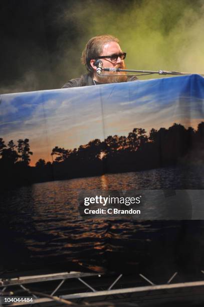 Ryan Monroe of Band Of Horses performs on the NME Radio 1 Stage during the third and final day of the Reading Festival on August 29, 2010 in Reading,...
