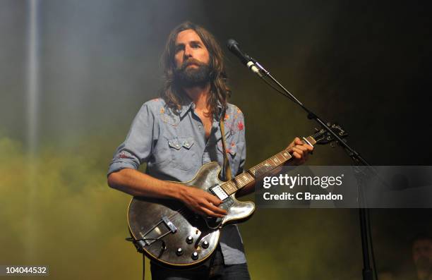 Tyler Ramsey of Band Of Horses performs on the NME Radio 1 Stage during the third and final day of the Reading Festival on August 29, 2010 in...