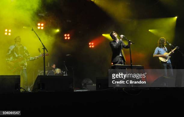 Bill Reynolds, Creighton Barrett, Ben Bridwell and Tyler Ramsey of Band Of Horses perform on the NME Radio 1 Stage during the third and final day of...