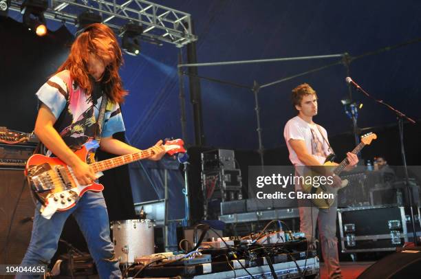 John Famiglietti and Jupiter Keyes of Health perform on the Dance Stage during the third and final day of the Reading Festival on August 29, 2010 in...