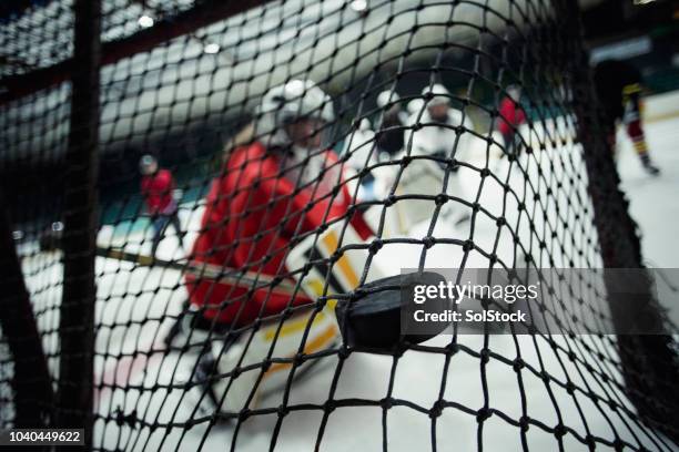 in the back of the net - hockey puck stock pictures, royalty-free photos & images