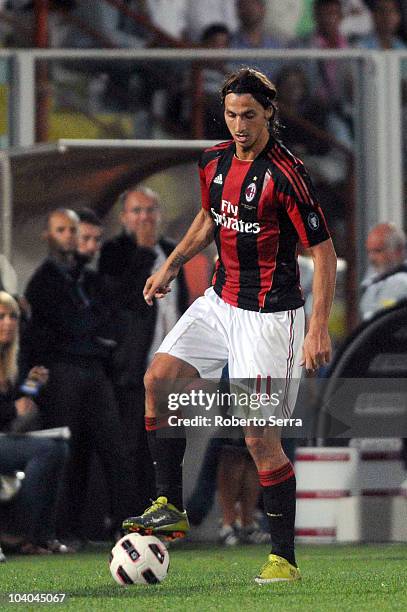 Zlatan Ibrahimovic of Milan in action during the Serie A match between AC Cesena and AC Milan at Dino Manuzzi Stadium on September 11, 2010 in...