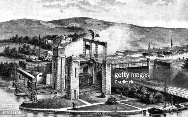 hydraulic ship lift in france - old elevator stock illustrations