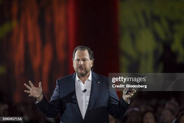 Marc Benioff, chairman and co-chief executive officer of Salesforce.com Inc., speaks during the opening keynote at the DreamForce conference in San...