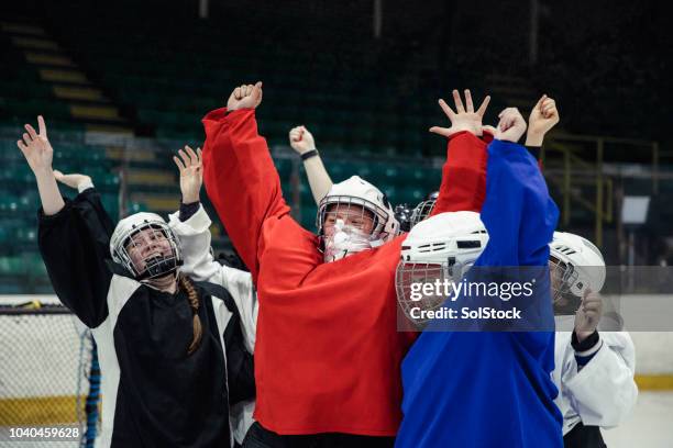 celebrating and cheering together - ice hockey celebration stock pictures, royalty-free photos & images