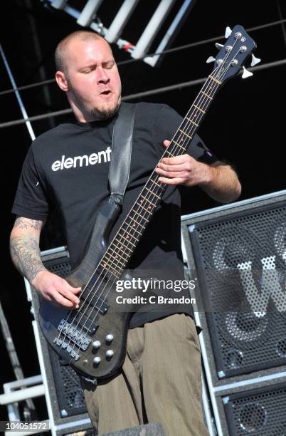 Sam Rivers of Limp Bizkit performs on the Main Stage during the third and final day of the Reading Festival on August 29, 2010 in Reading, England.