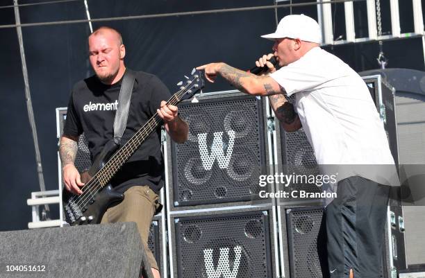 Sam Rivers and Fred Durst of Limp Bizkit perform on the Main Stage during the third and final day of the Reading Festival on August 29, 2010 in...