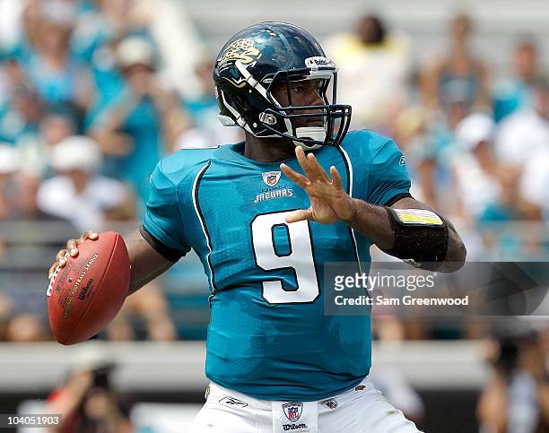 Quarterback David Garrard of the Jacksonville Jaguars attempts a pass during the NFL season opener game against the Denver Broncos at EverBank Field...
