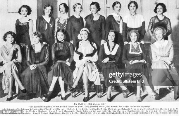 Die Wahl der Miss Europa 1931. Die Schönheitsköniginnen der verschiedenen Länder in Paris. Miss Frankreich wurde Miss Europa, die deutsche...