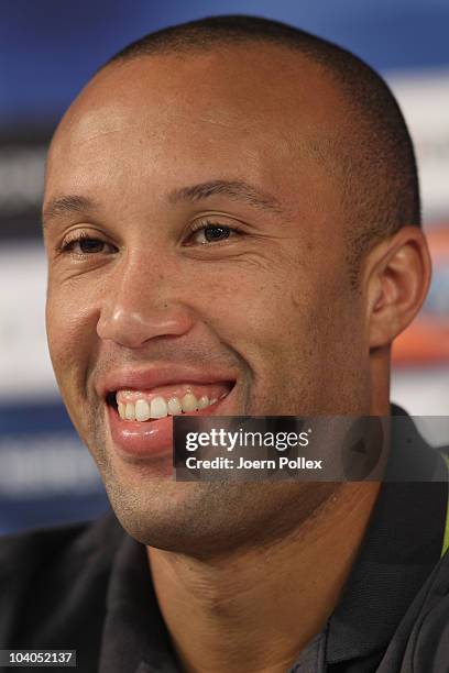 Mikael Silvestre of Werder Bremen attends the press conference ahead of Bremens Champion's League first-round football match against Tottenham...