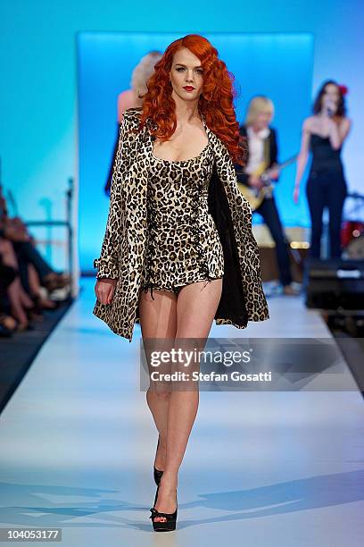 Model Tiah Eckhardt showcases designs by Wheels & Dollbaby during the Wheels & Dollbaby collection catwalk show as part of Perth Fashion Week 2010 at...