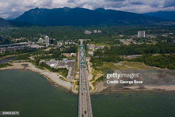 Lions Gate Bridge, connecting downtown with North and West Vancouver, is viewed from the air on July 2, 2010 in Vancouver, British Columbia, Canada....