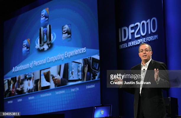 Intel CEO Paul Otellini delivers a keynote address during the IDF 2010 Intel Developer Forum at the Moscone Center on September 13, 2010 in San...
