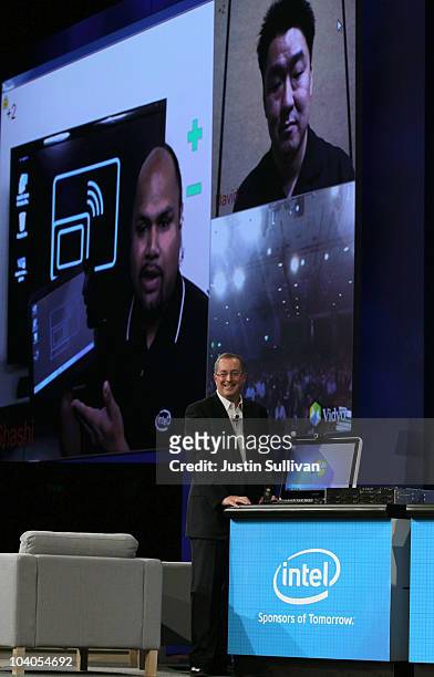 Intel CEO Paul Otellini looks on during a demonstration of encrypted video conferencing as he delivers a keynote address during the IDF 2010 Intel...
