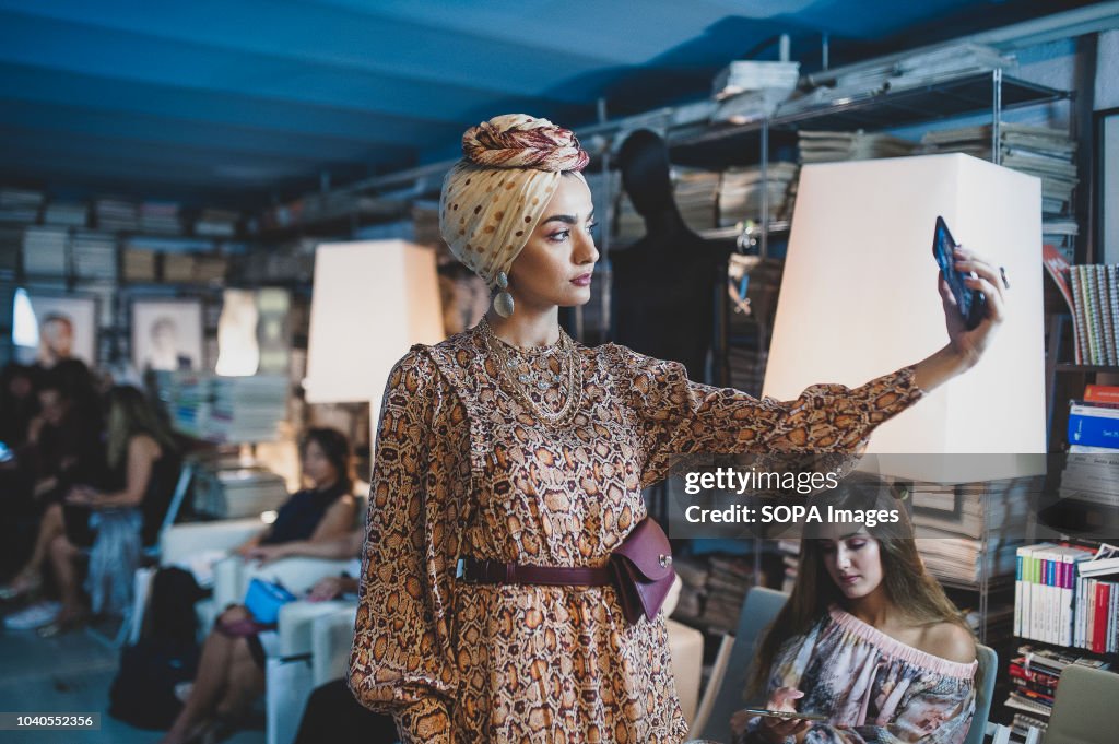 A model seen showcasing a design during the fashion week...