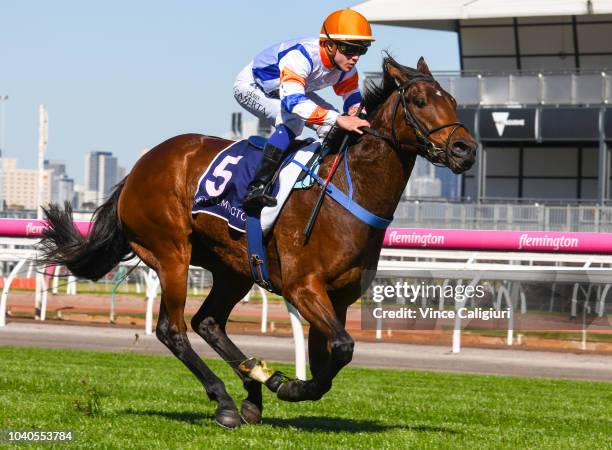 Chris Caserta riding Vinland winning Race 4, Martini-Henry Handicap during Melbourne Racing at Flemington Racecourse on September 26, 2018 in...