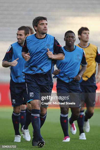 Jeremy Toulalan attends the Olympic Lyon Training session, ahead of their Group B UEFA Champions League first phase match against Schalke 04, at...