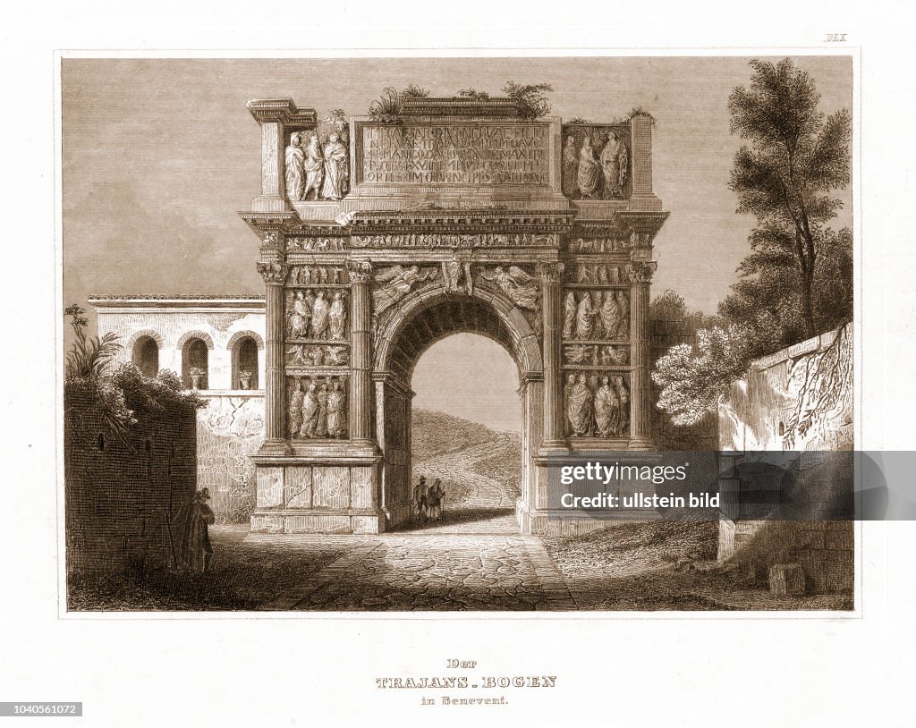 Der Trajans-Bogen in Benevent. Aus: Meyer's Merkwürdigkeiten, Hildburgshausen 1835.