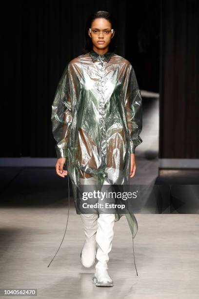 Model walks the runway at the Ricostru show during Milan Fashion Week Spring/Summer 2019 on September 19, 2018 in Milan, Italy.