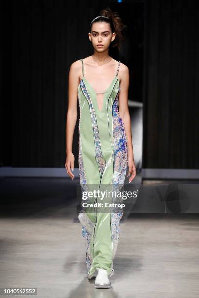 Model walks the runway at the Ricostru show during Milan Fashion Week Spring/Summer 2019 on September 19, 2018 in Milan, Italy.