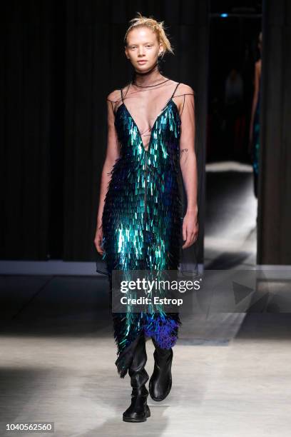 Model walks the runway at the Ricostru show during Milan Fashion Week Spring/Summer 2019 on September 19, 2018 in Milan, Italy.