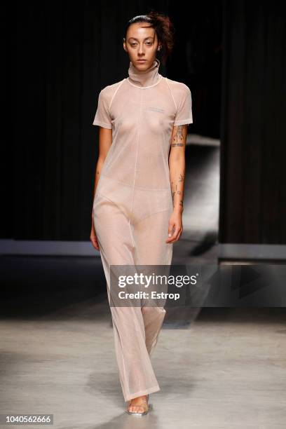 Model walks the runway at the Ricostru show during Milan Fashion Week Spring/Summer 2019 on September 19, 2018 in Milan, Italy.