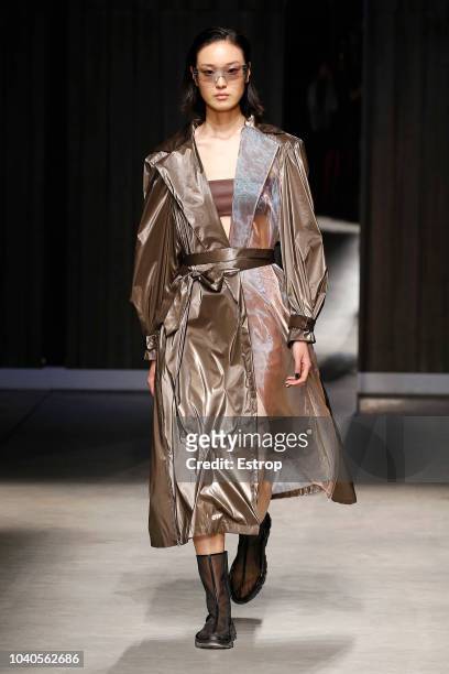 Model walks the runway at the Ricostru show during Milan Fashion Week Spring/Summer 2019 on September 19, 2018 in Milan, Italy.