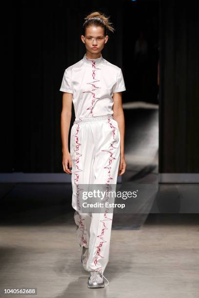 Model walks the runway at the Ricostru show during Milan Fashion Week Spring/Summer 2019 on September 19, 2018 in Milan, Italy.