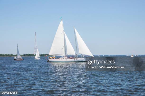 a chesapeake bay skipjack sailing boat with passengers in annapolis - skipjack stock pictures, royalty-free photos & images