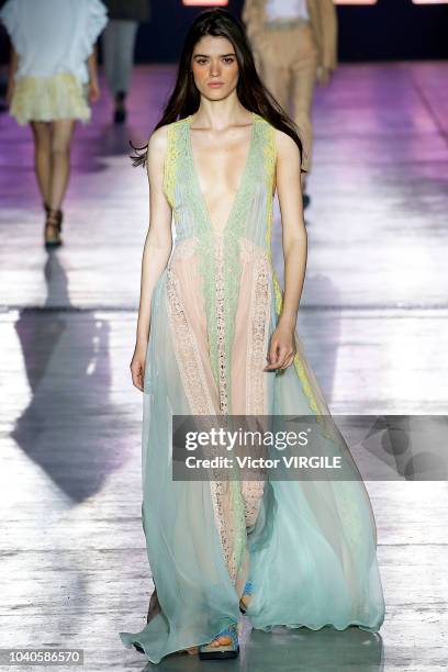 Model walks the runway at the Alberta Ferretti Ready to Wear fashion show during Milan Fashion Week Spring/Summer 2019 on September 19, 2018 in...