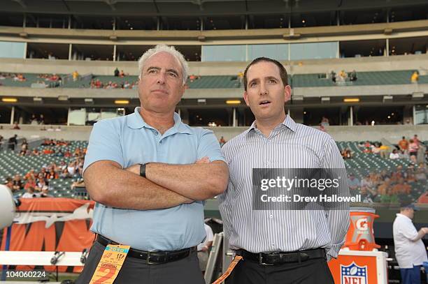 Owner Jeffrey Lurie and general manager Howie Roseman of the Philadelphia Eagles stand on the sideline before the game against the Cincinnati Bengals...