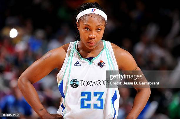 Cappie Pondexter of the New York Liberty looks on in Game One of the Eastern Conference Finals during the 2010 WNBA Playoffs against the Atlanta...