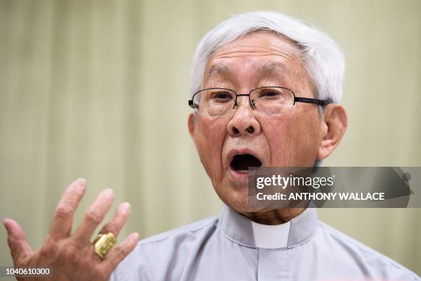 Cardinal Joseph Zen, former Bishop of Hong Kong, speaks during a press conference at the Salesian House of Studies in Hong Kong on September 26...