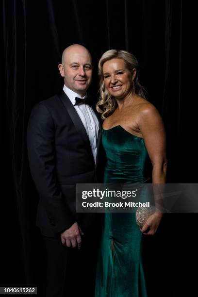 Todd Greenberg, with wife Lisa, wears M.J. Bale for the 2018 Dally M Awards at Overseas Passenger Terminal on September 26, 2018 in Sydney, Australia.