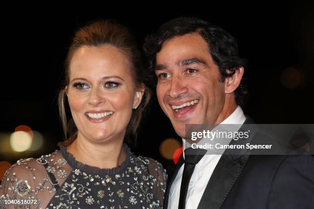 Johnathan Thurston and his wife Samantha Lynch arrive at the 2018 Dally M Awards at Overseas Passenger Terminal on September 26, 2018 in Sydney,...