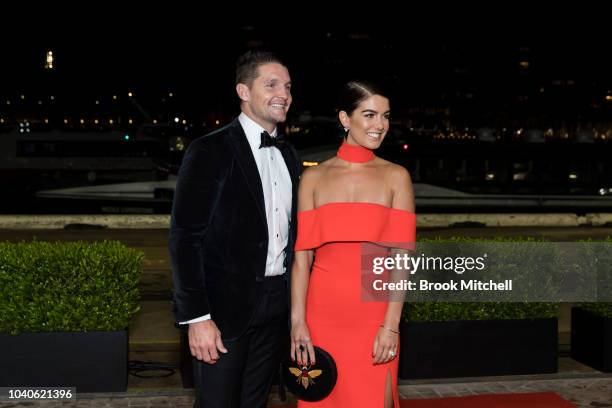 Jarrod Crocker, with partner Britney, wears M.J. Bale for the 2018 Dally M Awards at Overseas Passenger Terminal on September 26, 2018 in Sydney,...