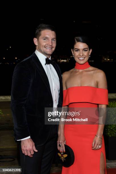 Jarrod Crocker, with partner Britney, wears M.J. Bale for the 2018 Dally M Awards at Overseas Passenger Terminal on September 26, 2018 in Sydney,...