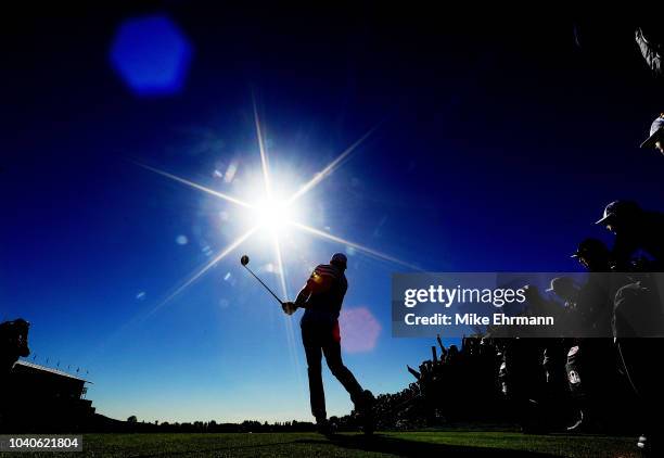 Dustin Johnson of the United States tees off on the 13th during practice ahead of the 2018 Ryder Cup at Le Golf National on September 26, 2018 in...