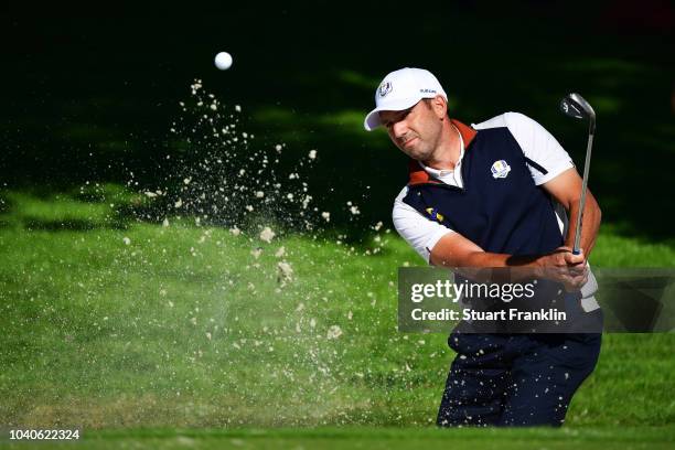 Sergio Garcia of Europe plays out of a bunker during practice ahead of the 2018 Ryder Cup at Le Golf National on September 26, 2018 in Paris, France.