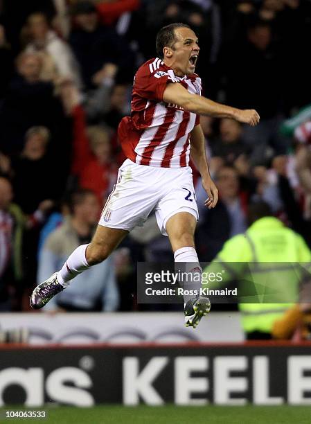 Matthew Etherington of Stoke City celebrates his team's victory at the end of the Barclays Premier League match between Stoke City and Aston Villa at...