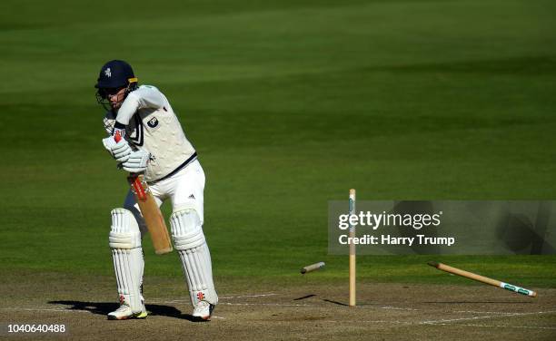 Ollie Robinson of Kent is bowled by Olly Stone of Warwickshire during Day Three of the Specsavers County Championship Division Two match between...