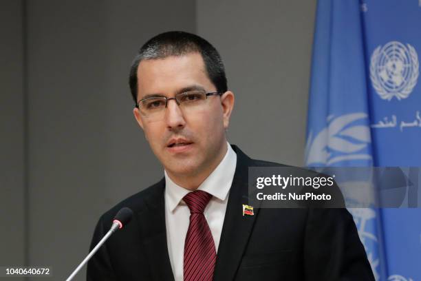 Jorge Arreaza, Minister for Foreign Affairs of the Bolivarian Republic of Venezuela, briefs press during the General Assembly's seventy-third general...