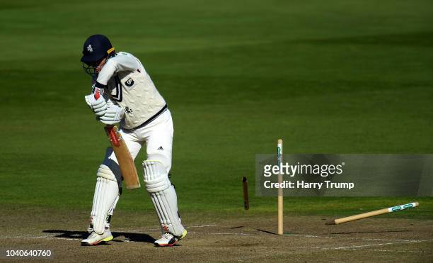 Ollie Robinson of Kent is bowled by Olly Stone of Warwickshire during Day Three of the Specsavers County Championship Division Two match between...