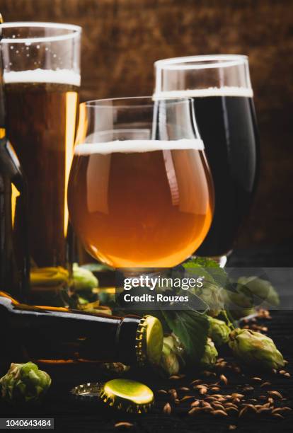 green hops with a glass of fresh beer - craft beer stock pictures, royalty-free photos & images